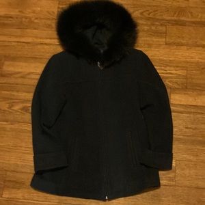 Mackintosh Navy Wool Jacket With Fox Trimmed Hood